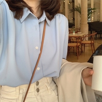 Summer new 2022 design sense niche drape shirt womens blue chiffon top temperament long-sleeved shirt