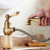 Eurostyle full copper pull-out hot and cold golden face basin tap Imitation Ancient Table Washbasin stage telescopic tap