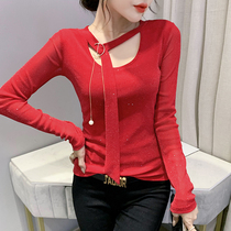 Net-yarn undershirt woman autumn and winter 2022 new sexy hollowed-out T-shirt long sleeve tight fit blouse foreign air hoodie