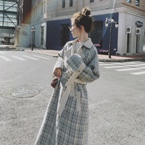 Plaid woolen coat womens long model 2020 autumn and winter New Korea loose Hepburn style woolen coat