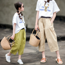 Girls  summer nine-point pants 2021 new Zhongda childrens pure cotton literary loose Western style elastic waist dad pants