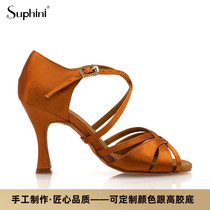Suphini Boutique Handmade Custom Latin dance shoes Ladies medium-high heel satin soft bottom National Peulemba precisely dance