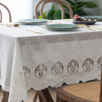 White cotton hollow out long square tablecloth American pastoral tea table cloth tablecloth French retro solid color fabric
