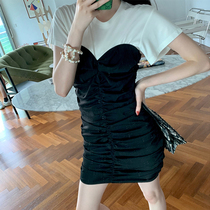 Fake two-piece pleated short-sleeved dress Sexy high waist thin public design Tight one-step hip small black skirt