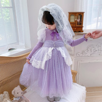 Girl 2021 Autumn New Sophia Knitted Long Sleeve Princess Mesh Dress Cute Purple Halloween Show Childrens Skirt