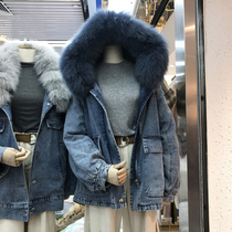 2021 Winter new Korean version of real Fox big hair collar loose plus velvet thick denim long cotton coat women