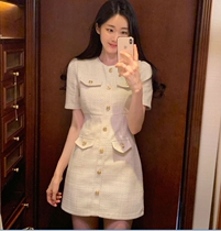 Korean Ocean Gas Trendy Small Balls 6 Women Small Aroma Quality Metal Buckle Short Sleeve Wrap Hip dress