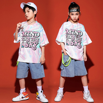 Childrens summer street dance suits childrens hip-hop tide uniforms for boys and girls short sleeves tie-dyed two-piece handsome costume