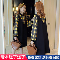 Pregnant women spring dresses 2021 new Korean fake two-piece plaid stitching pregnant womens skirts spring and autumn loose tops