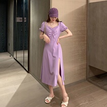Large size Fat mm Heart Machine one-piece dress Women Summer temperament Slim Mid Length of Bubble Sleeves Open Fork Purple Dresses