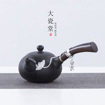 Big porcelain Hall Zen style black pottery 925 silver side handle pot Ceramic Gongfu tea with solid wood handle Tea pot Japanese single pot