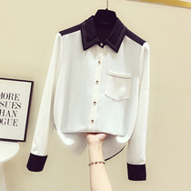Korean color matching stitching shirt female temperament fashion chiffon long sleeve top 2021 early spring new design sense niche
