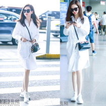 Tide brand 2021 spring and autumn stars with long sleeve waist shirt new womens long Korean dress windbreaker