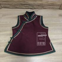  Cloud decoration totem original design womens horse clip vest Chinese stand-up collar Wild diagonal lapel edging old satin waistcoat