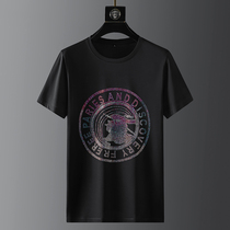 High-end ice silk short-sleeved T-shirt Mens Tide Brand Round Neck Casual Slim High-grade Paul Hot Diamond Printed Mens Body Shirt
