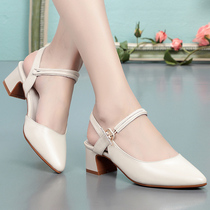 Summer 2021 new baotou sandals women thick heel middle heel leather pointed large size red soft leather single shoes soft sole