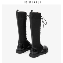 High barrel stretch thin boots womens knitted boots Womens knee-high retro lace-up Martin boots Womens British style Knight boots
