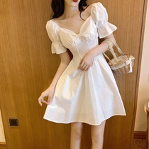 Temperament bubble sleeve fairy dress high waist thin V collar lace solid color A dress skirt new fashion women