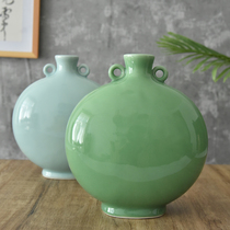 Chinese style ceramic home decoration large vase swing piece Longquan kiln Double-ear flat bottle Living room Xuanguan Qing Porcelain Zen
