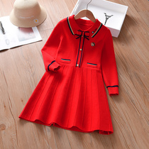 Girl Knit Dress Dress Red 2022 New Spring Dress Foreign Air Spring Girl Spring Autumn Princess Early Spring Sweater Dress