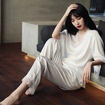 Pajamas women spring and autumn thin white long sleeve ice silk lace two-piece summer can wear silk household clothing