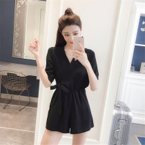 Female jumpsuit Women summer 2021 New Tide hipster chiffon jumpsuit high waist V collar black wide leg shorts women