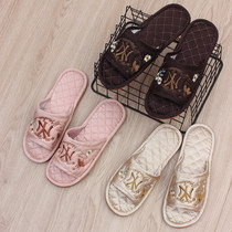 Home fabric wood floor couple slippers letter embroidered ox tendon non-slip indoor mute Four Seasons men and women home