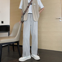 Hualun washed old denim trousers men summer thin straight leg loose split light pants 2021 new model