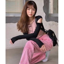 2021 Korean family of young girl retro small crowdsourced shoulder parquet with long sleeves short and T-shirt with design feel blouse