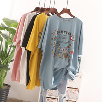 South Korea cotton cartoon print large size half sleeve T-shirt female medium long thin loose short sleeve top fattening