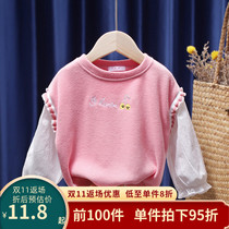 Baby girl sweater autumn clothing 2022 new girl child Korean version fashionable fake two-piece contrast color top girl bottoming shirt