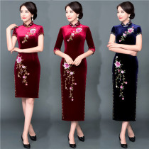High-end new banquet wine red long beaded middle-aged mother wedding cheongsam wedding dress summer dress female