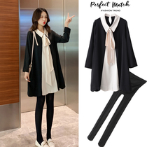 2022 new Korean version of pregnant womens autumn clothes blouses in autumn and winter foreign air in the middle of a pregnant womans belted and reduced-age one-piece dress suit