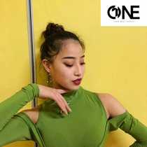 SOFTCHEN ONE dance clothes Latin modern high collar off shoulder shoulder long sleeve slim female green ONE top W038