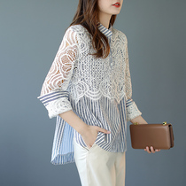 Baoshili long-sleeved lace stitching striped shirt womens fashion shirt spring 2021 new loose age-reducing top