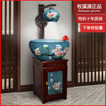 Jingdezhen ceramic fish tank with cabinet Chinese magnolia goldfish tank household living room circulating water fish pot ornaments