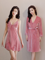 Gold velvet pyjamas 2021 new spring and autumn long sleeves sleeping robes women feel lace short skirt bridal gown sleep dresses
