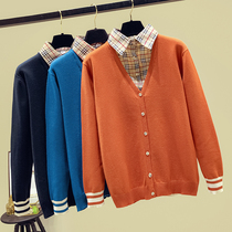 Large size womens 2021 autumn new sweater fat sister thin age covering meat shirt fake two knitted top