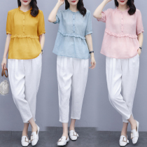 Feiyue 2021 loose temperament summer fashion wooden ear round neck solid color elegant waist cotton linen set