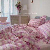 ins Han Wind Fairy Qi Cherry Blossom Purple Plaid Four Pieces Full Cotton Double Layer Yarn Lace Quilt Cover Pure Cotton Nude Sleep Bed