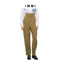 (Designer brand IMMI) High waist hanging OLIVE green washed linen trousers 191PT004X