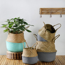 Nordic seaweed woven flower basket living room piano leaf Banyan flower pot set rattan portable Straw flower pot home storage basket