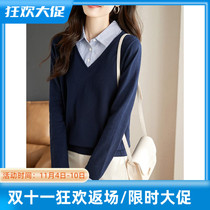 JOLIMENT fake two-piece knitted sweater womens autumn 2022 new long-sleeved sweater shirt collar bottoming shirt top