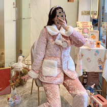 Winter Ladies Triple Clip Cotton Thickened Warm Pyjamas South Korea Princess Sweet Gold Drill Bright Light Suede Home Suit Suit