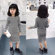 Children temperament one-piece dress 20 Spring and autumn Korean version girl baby elastic 100 lap streaks with long sleeves bottom T dress