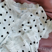 Japanese ins summer ultra-thin sexy hollow lace edge polka dot ice silk satin short sleeve home wear pajamas set women