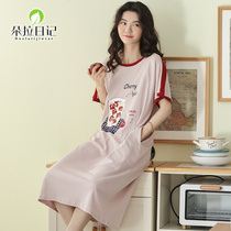 Sleeping Skirt Woman Summer Short Sleeve Pure Cotton Long Style Pyjamas Princess Wind Sweetness Sweet And Cute Loose Student Thin Korean version Home Home Clothes