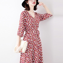 JOLIMENT snow spinning printed one-piece dress Women 2021 Summer new V collar High waist long length dress tea hysteria