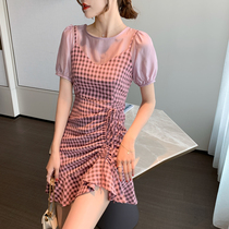 French Plaid suspenders fake two bubble sleeve dress Women summer 2021 new little sweet skirt