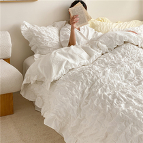 Korean style princess style cotton seersucker four-piece set washed cotton solid color pleated ruffles girl heart bedding